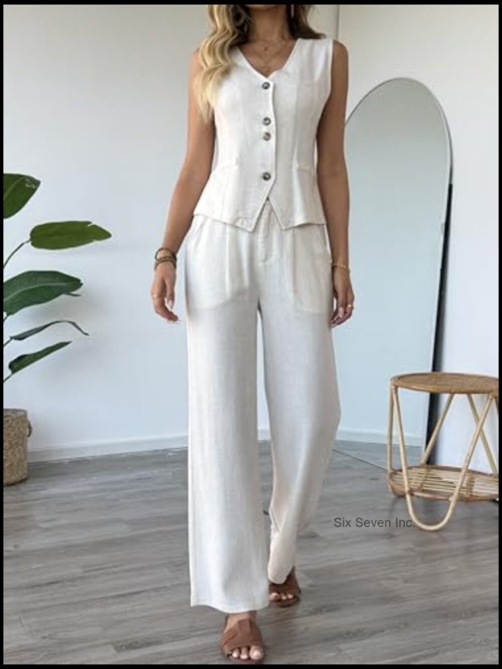 Women's 2 Piece Cotton Linen Vest & Wide Leg Pants Suit Summer Set - Picture 2 of 6